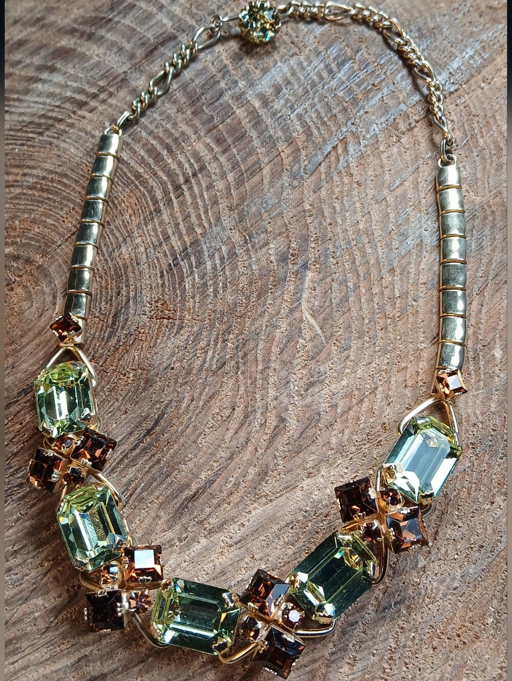 Green & Amber Glass Rhinestone Necklace 18"